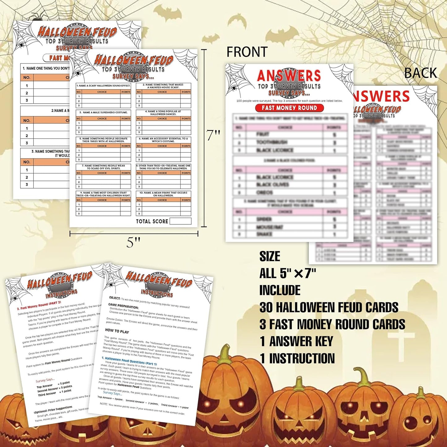 Halloween Friendly Feud Game, Family Game Night, Halloween Quiz, Halloween Trivia Adult Games, Halloween Party Game for Family Activity - 30 Halloween Feud Cards and 3 Fast Money Round Cards (02)