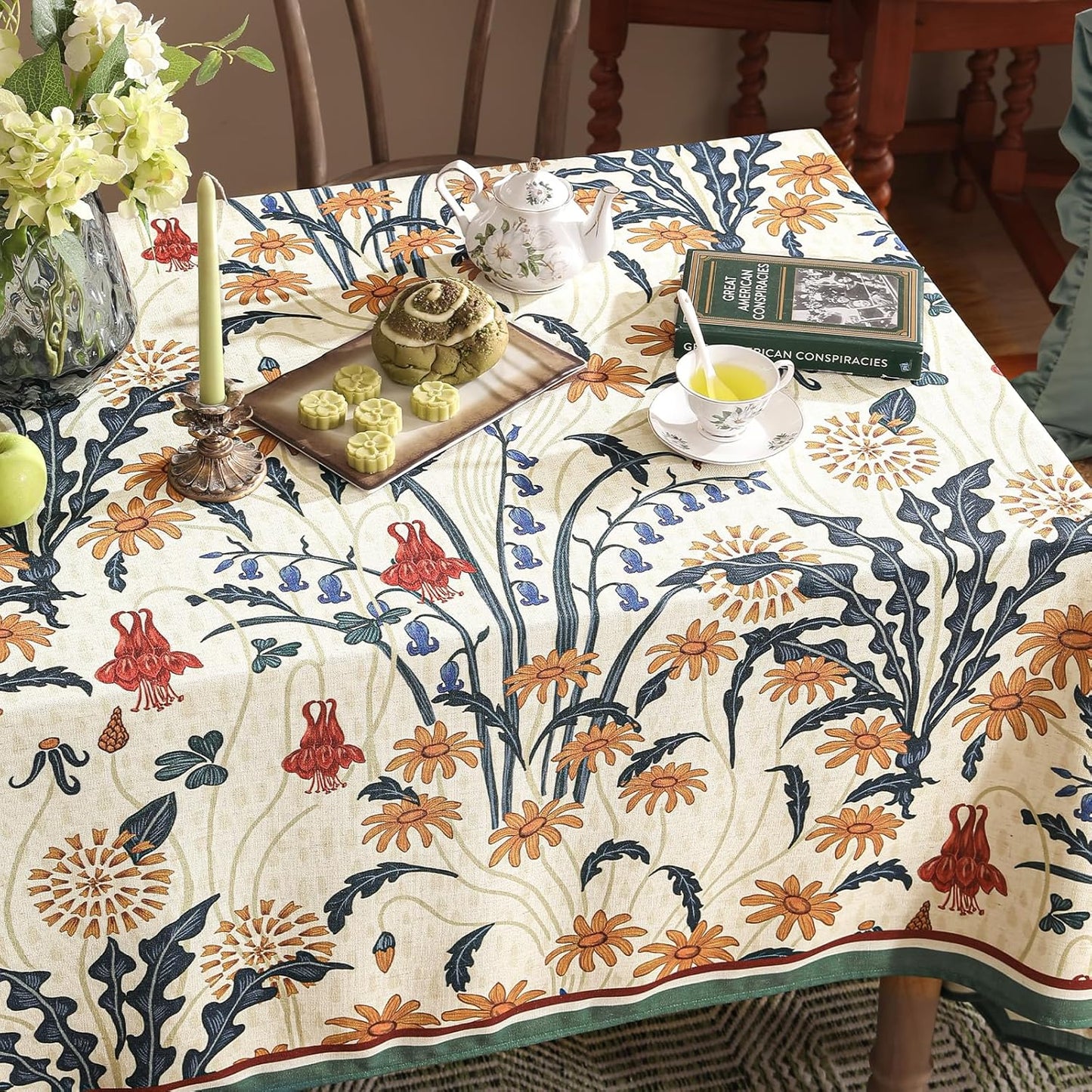 French Vintage Small Square Tablecloth,Linen Tablecloth with Gold and Red Floral Pattern,Decorative Table Cover for Kitchen,Dining,Thanksgiving,Christmas,Party,55"*55"-Tijuana