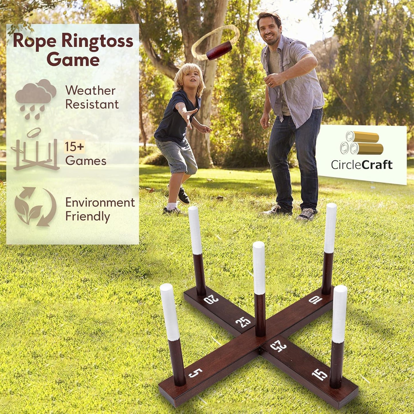 CircleCraft Rustic Ring Toss Game for Kids & Adults – Outdoor Yard Games with Rope Rings, Portable Wooden Lawn Game for Family Fun, Backyard, Beach, Camping & Picnic Activities for Christmas & Easter