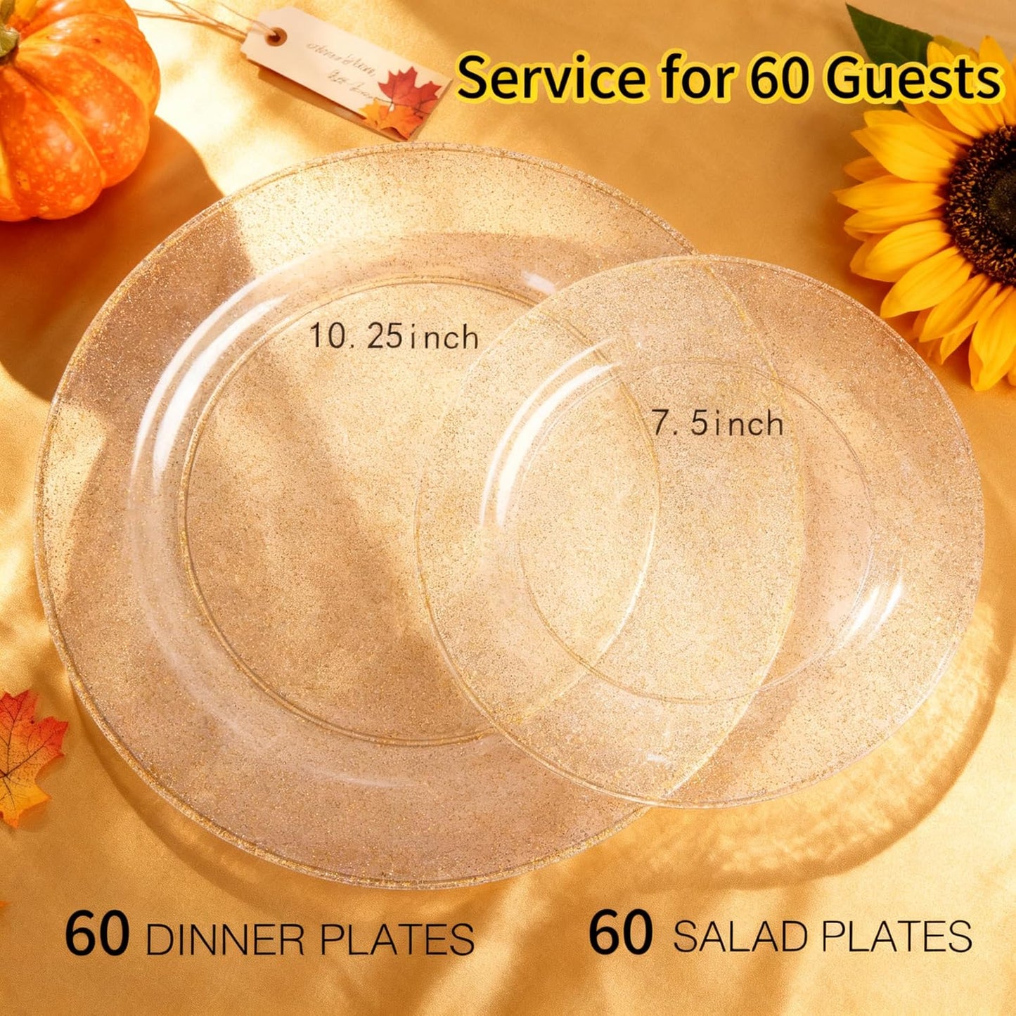 WDF 120PCS Gold Plastic Plates- Disposable Gold Glitter Plates, Premium Heavy Duty 60-10.25" Dinner Plate and 60-7.5" Salad Plate for Thanksgiving Parties &Wedding
