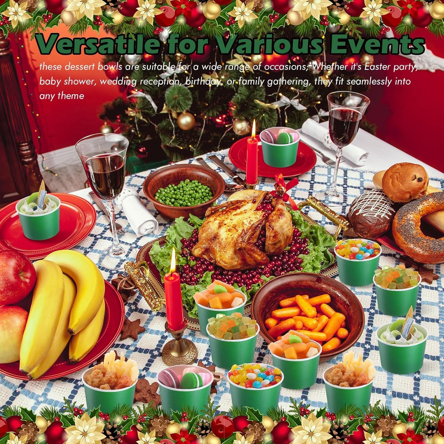 Paper Ice Cream Cups 9oz Colored Disposable Dessert Bowls for Hot or Cold Food Party Cups for Birthday Baby Shower Easter Party Supplies(Green,60 Pcs)