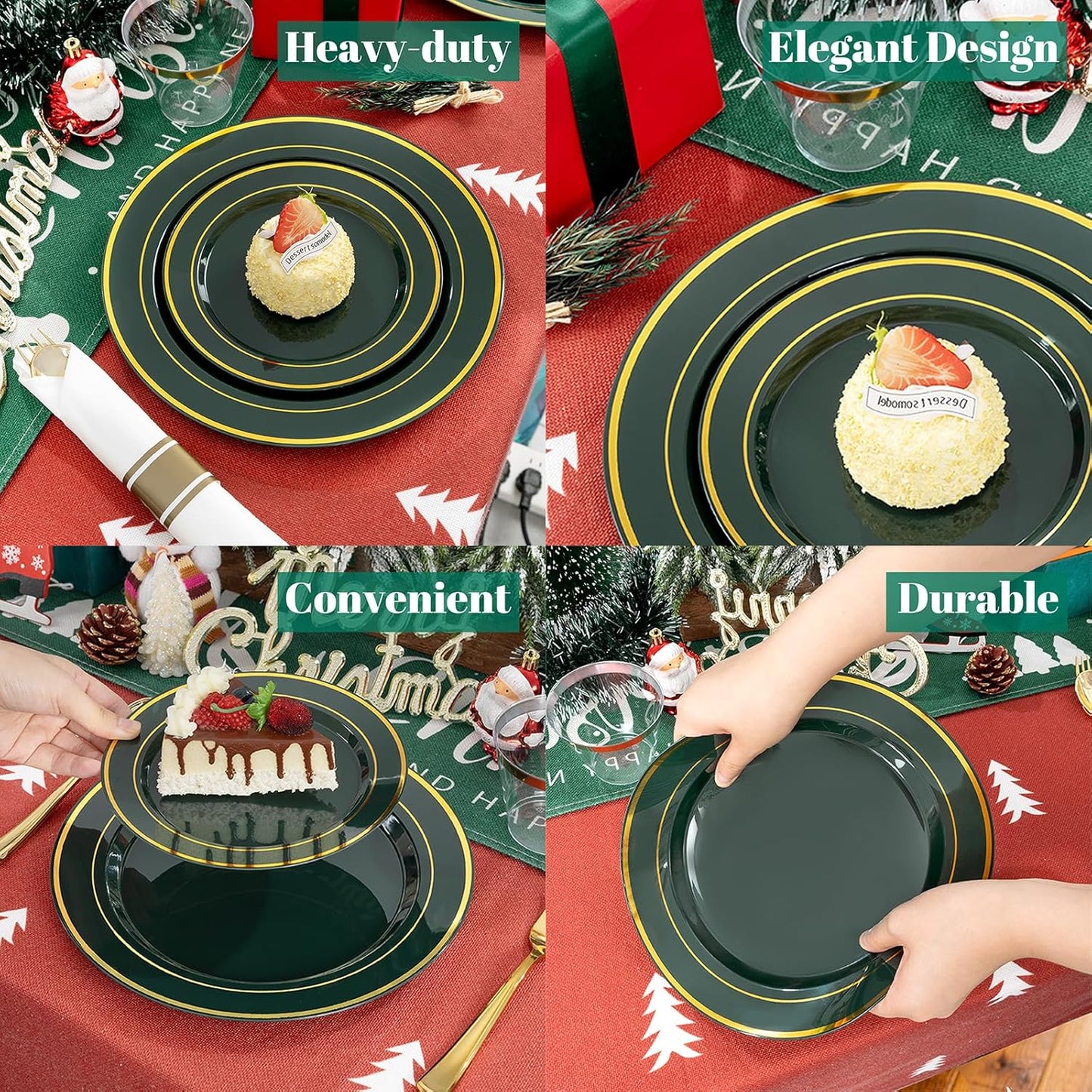 350PCS Green and Gold Plates - Green Plastic Plates 50Guests Plastic Christmas Plate with Rolled Napkins for Party/Christmas/Birthday