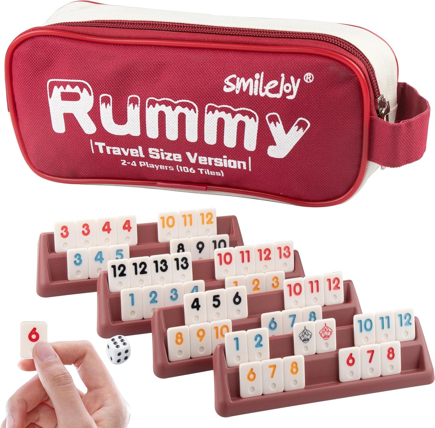 Smilejoy Mini Rummy Cube 4 Players Edition,Travel Rummy Game Set with Portable Canvas Bag,Classic Board Game for Adults and Kids |106 Tiles | 4 Playing Racks |1 Dice | (2-4 Player)