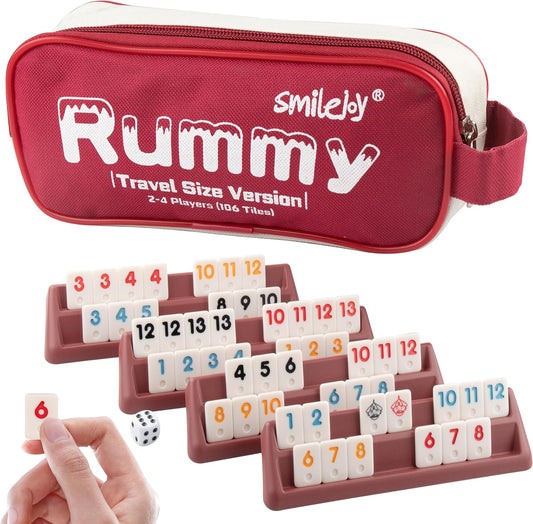 Smilejoy Mini Rummy Cube 4 Players Edition,Travel Rummy Game Set with Portable Canvas Bag,Classic Board Game for Adults and Kids |106 Tiles | 4 Playing Racks |1 Dice | (2-4 Player)