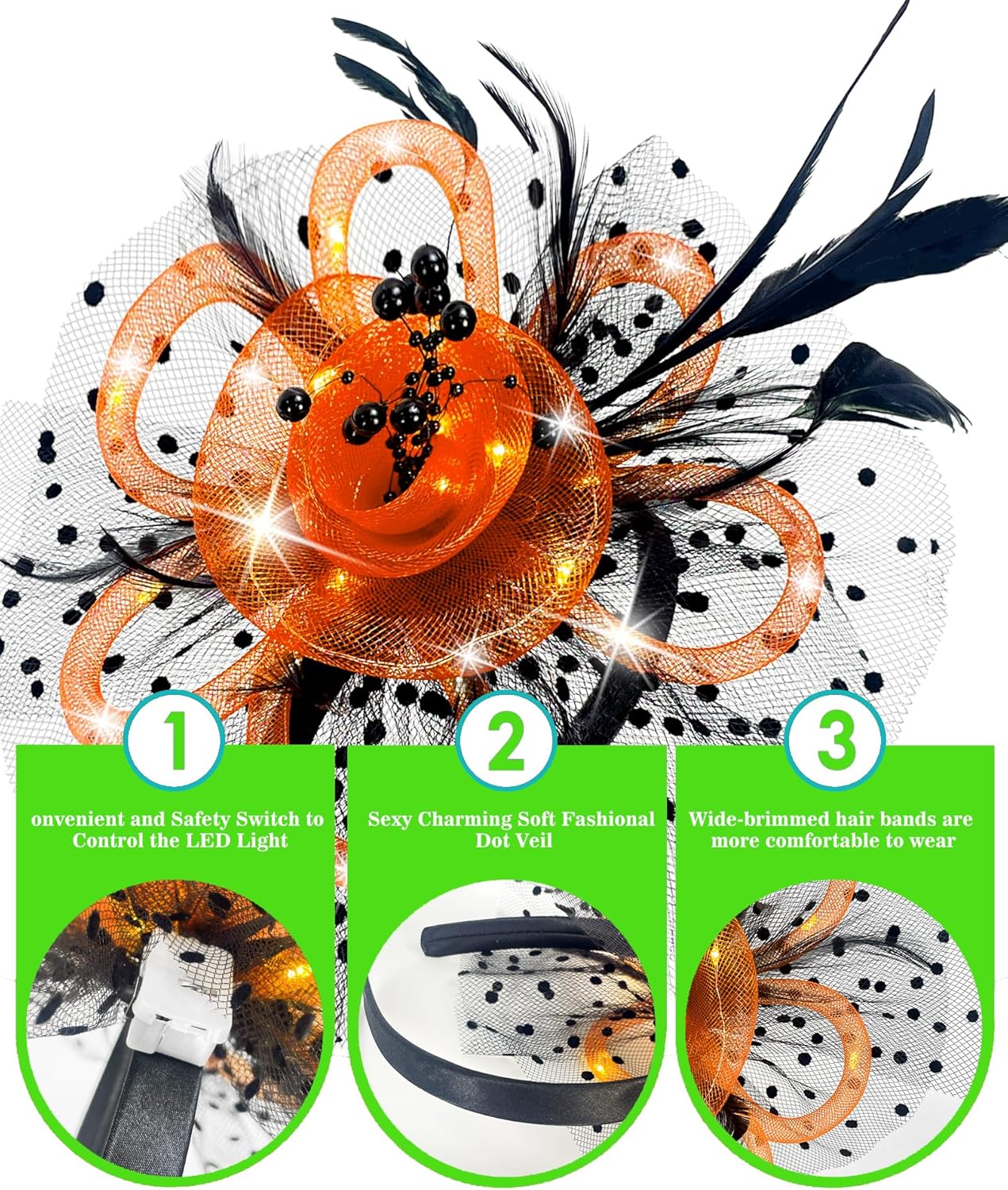 Fascinator Hat for Women LED Light up Tea Party Hats Mesh Veil Headband for Women