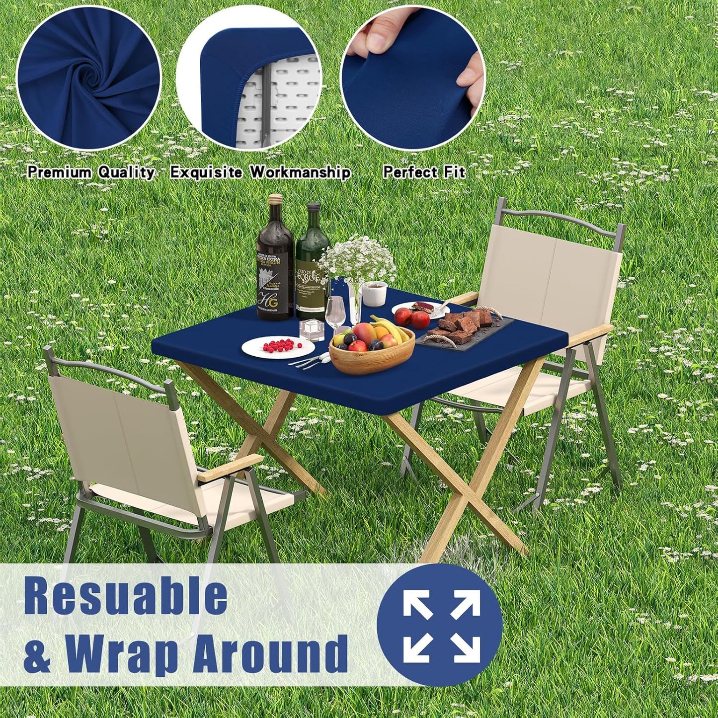Spandex Picnic Table Cloth 2 Pack, Elastic Fitted Tablecloths for Square Tables, Stretch Washable Patio Table Cover for Outdoor, Camping, Banquet and Parties (Navy, 34"x34")