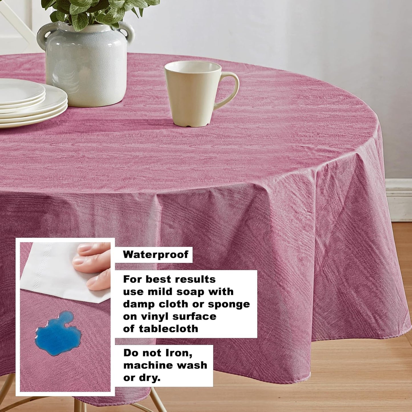 Newbridge Vinyl Flannel Backed Tablecloth, 70 inch Round, Burgundy Moire Wavy Solid Design, Heavyweight Indoor Outdoor Waterproof Table Cover, Easy Care Wipe Clean