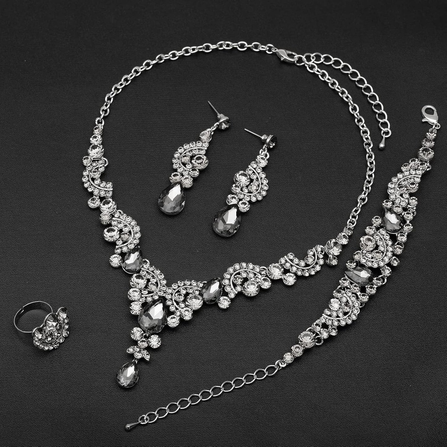 CSY Elegant Crystal Necklace Earrings Bracelet Ring Bridal Wedding Party Costume Jewelry Sets for Brides Women