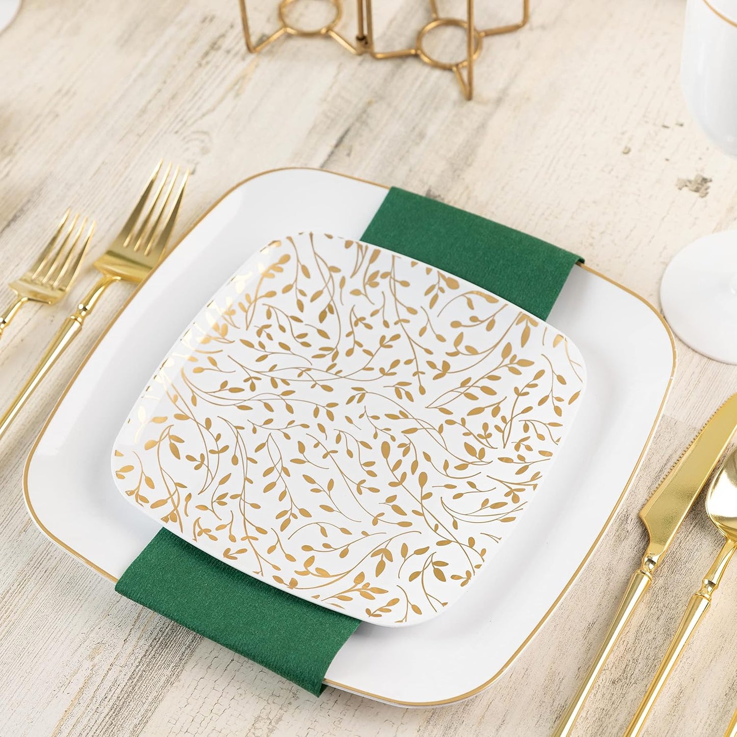 PLASTICPRO Square 32 Piece Combo Plates Set includes 16 x 7'' inch Salad Plates & 16 x 10'' inch Dinner Plates White Plastic with Gold Leaf Design Party Plates, Premium heavyweight