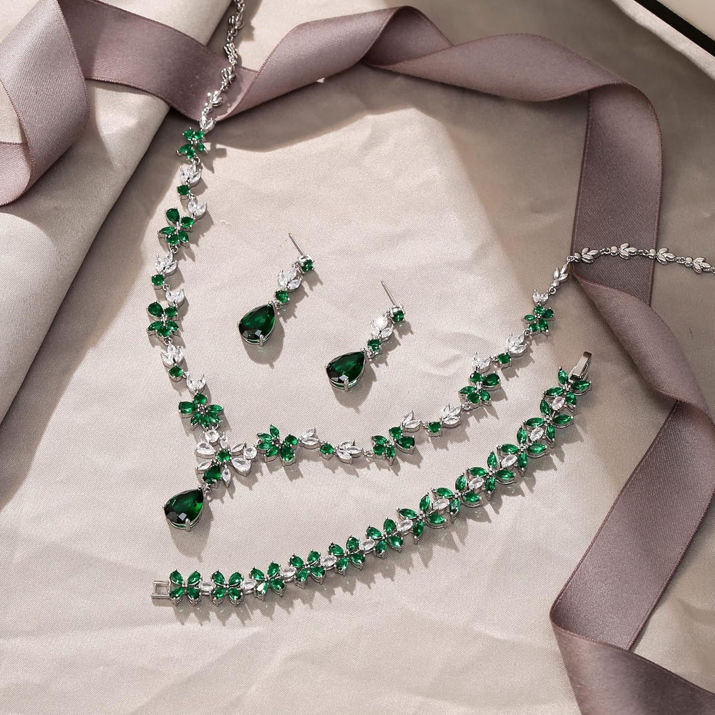 EVER FAITH Bridal Jewelry Set for Bride Bridesmaid, Flower Leaf Teardrop Cubic Zirconia Necklace Dangle Earrings Bracelet Sets Wedding Party for Women