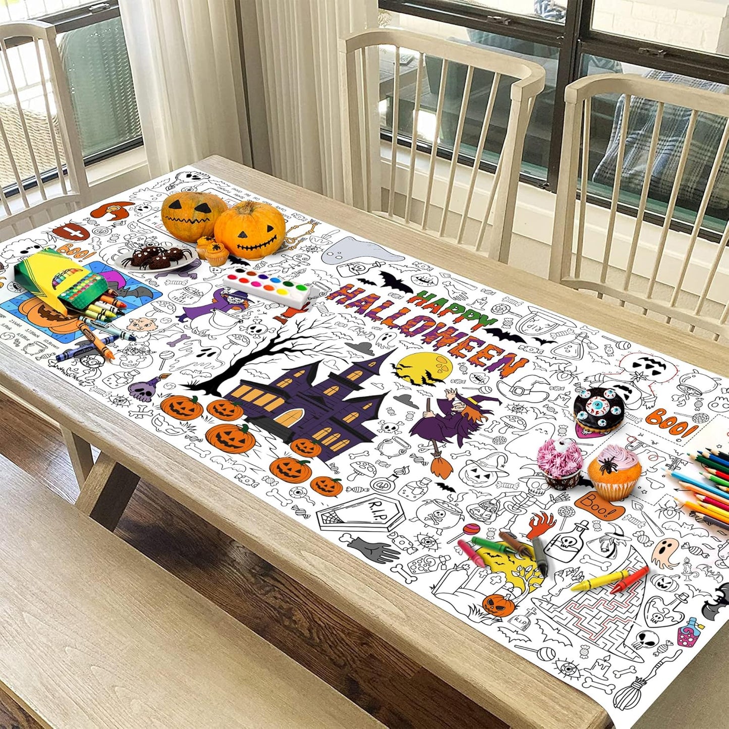 Giant Halloween Coloring Tablecloth for Kids, Large 30x72 Inch Poster with Haunted House, Pumpkins, Ghosts, Bats, Arts Crafts Games Indoor Activities for Halloween Party, Classroom Fun