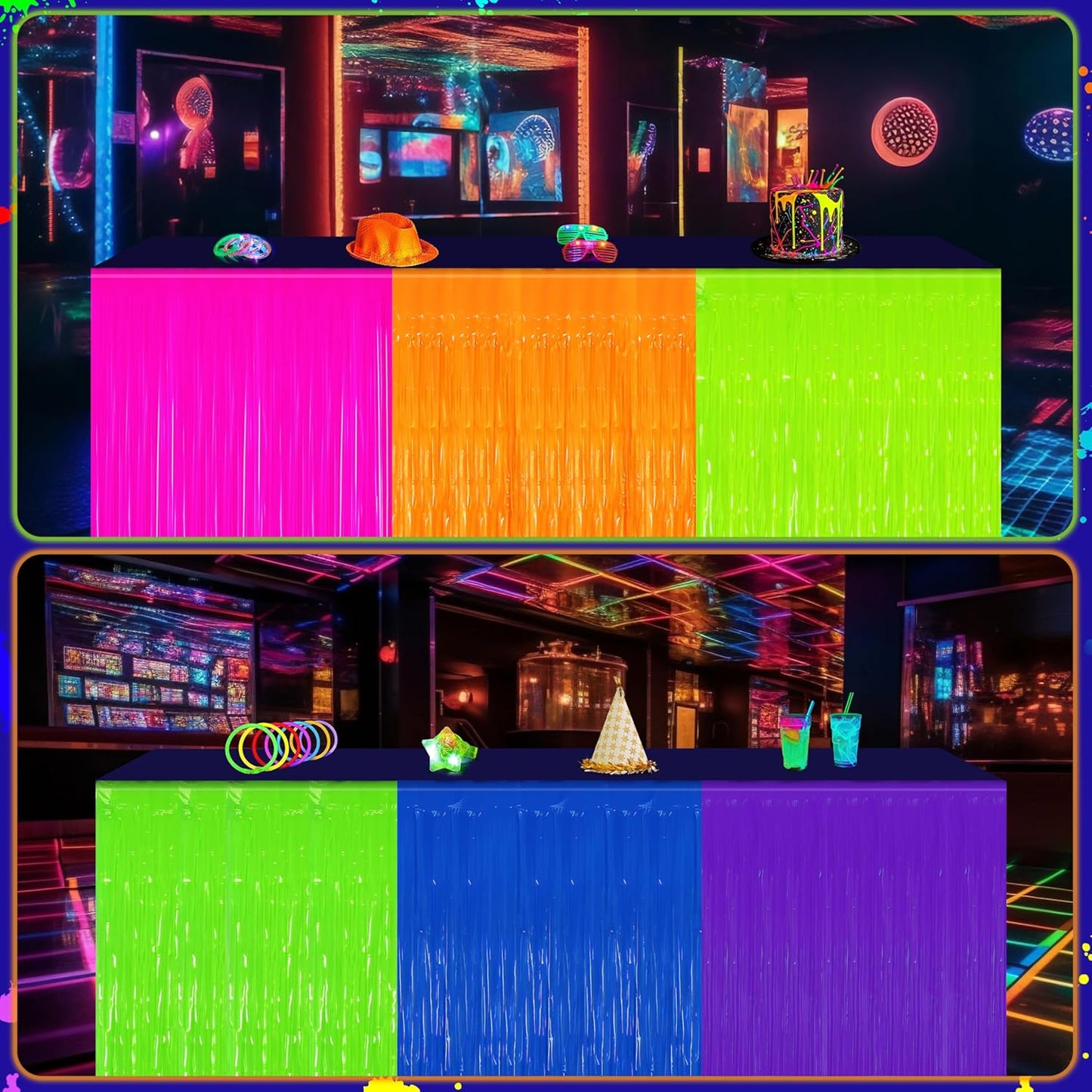 Glow in The Dark Tinsel Fringe Table Skirt - 2 Pack Neon Foil Party Decor, 31.5"x118" UV Reactive Fringe Skirt for Rave, Wedding, Birthday Backdrop - 6 Vibrant Colors