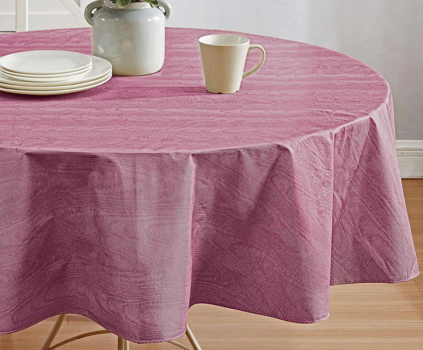 Newbridge Vinyl Flannel Backed Tablecloth, 70 inch Round, Burgundy Moire Wavy Solid Design, Heavyweight Indoor Outdoor Waterproof Table Cover, Easy Care Wipe Clean