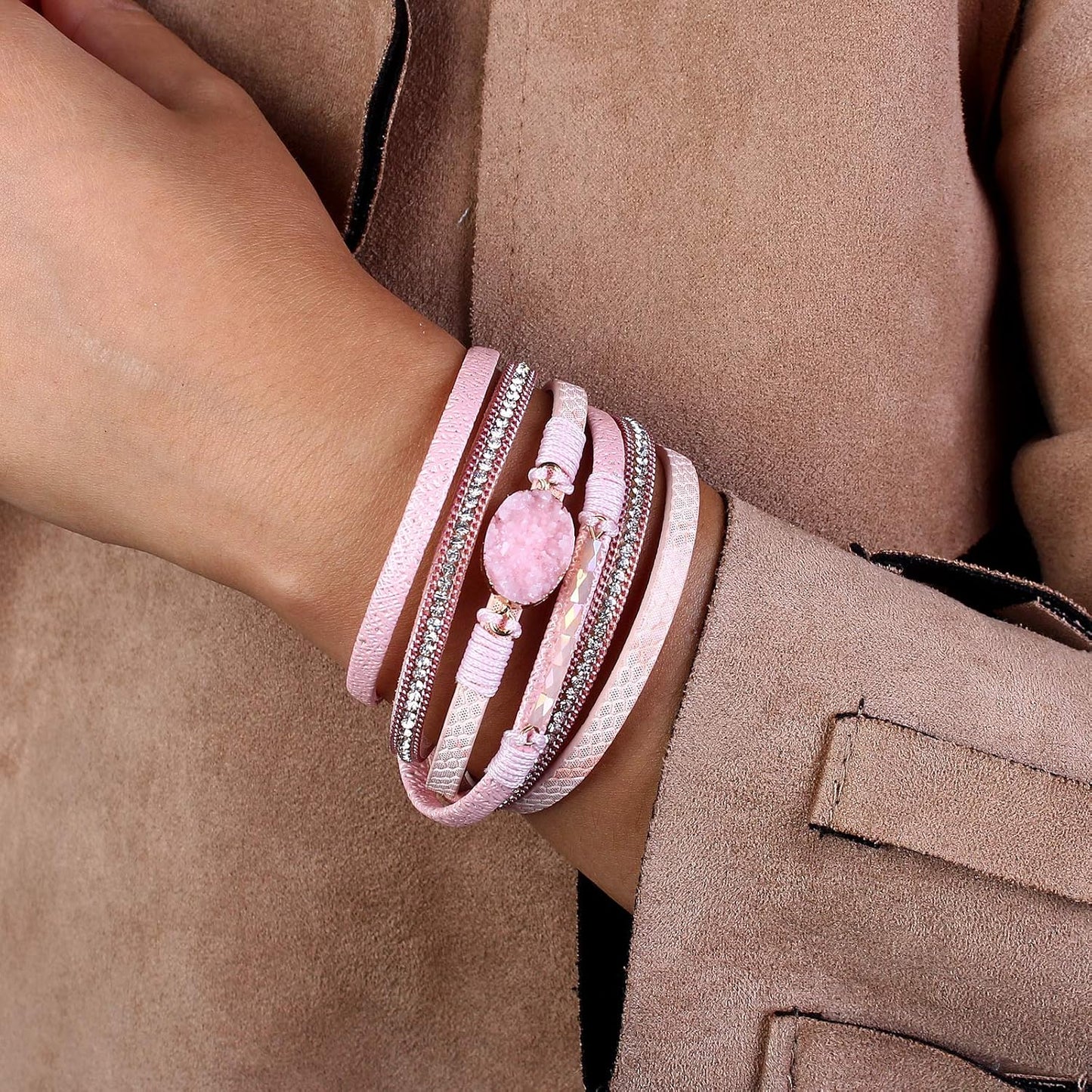 FANCY SHINY Leather Wrap Bracelet Boho Cuff Bangle Bracelets Crystal Bead Bracelet with Magnetic Clasp Jewelry Gifts for Women