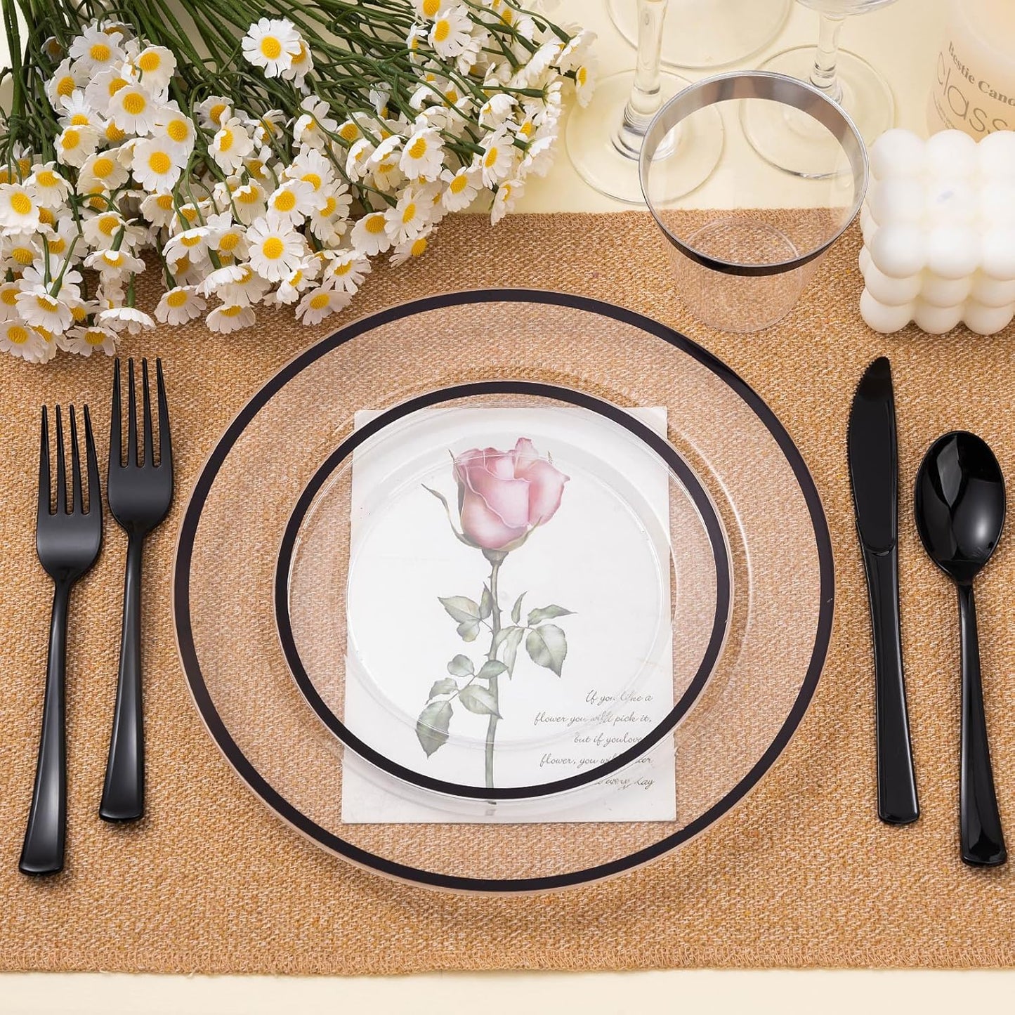 350PCS Black and Clear Plastic Dinnerware Sets for 50 Guests, Include 100 Black Disposable Plates, 100 Forks, 50 Knives, 50 Spoons, 50 Cups,Halloween