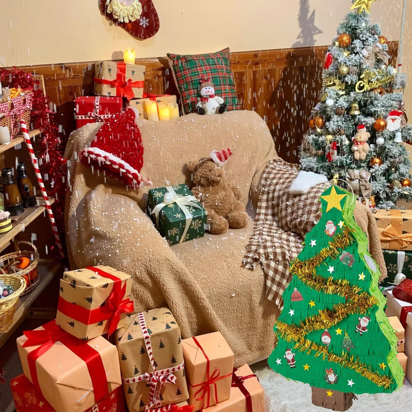 PCFING 21.6 Inch Christmas Tree Piñata with 30 Inch Piñata Stick Blindfold Confetti for Boy Girl Adults Xmas Party Game Decorations