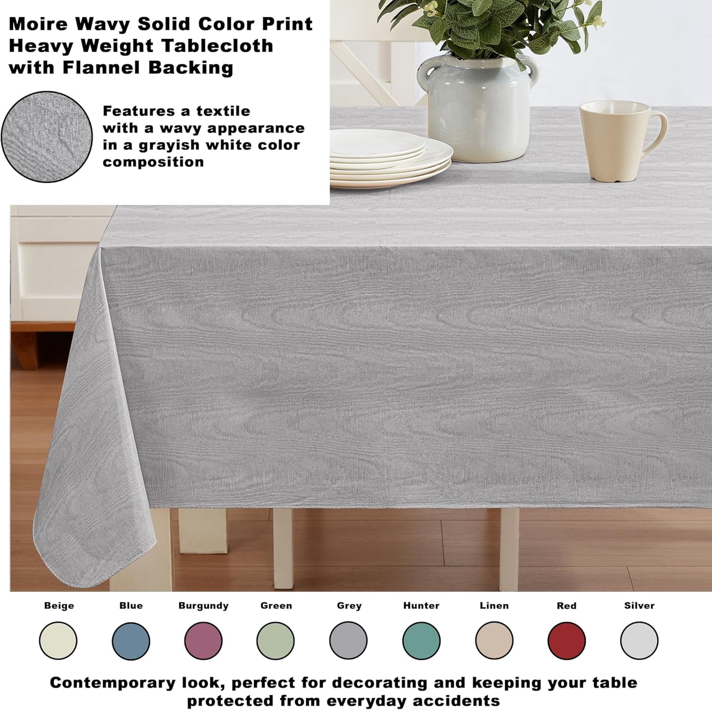 Newbridge Vinyl Flannel Backed Tablecloth, 60 x 120 Inch Rectangle, Grey Moire Wavy Solid Design, Heavyweight Indoor Outdoor Waterproof Table Cover, Easy Care Wipe Clean