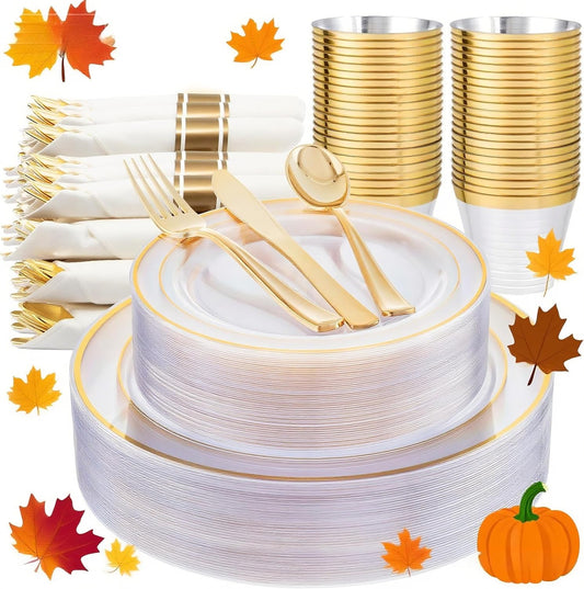 WELLIFE 350PCS Clear-Gold Plastic Plates - 100 Disposable Plates, 150Plastic Silverware, 50 Cups, 50 Napkins for Wedding & Party