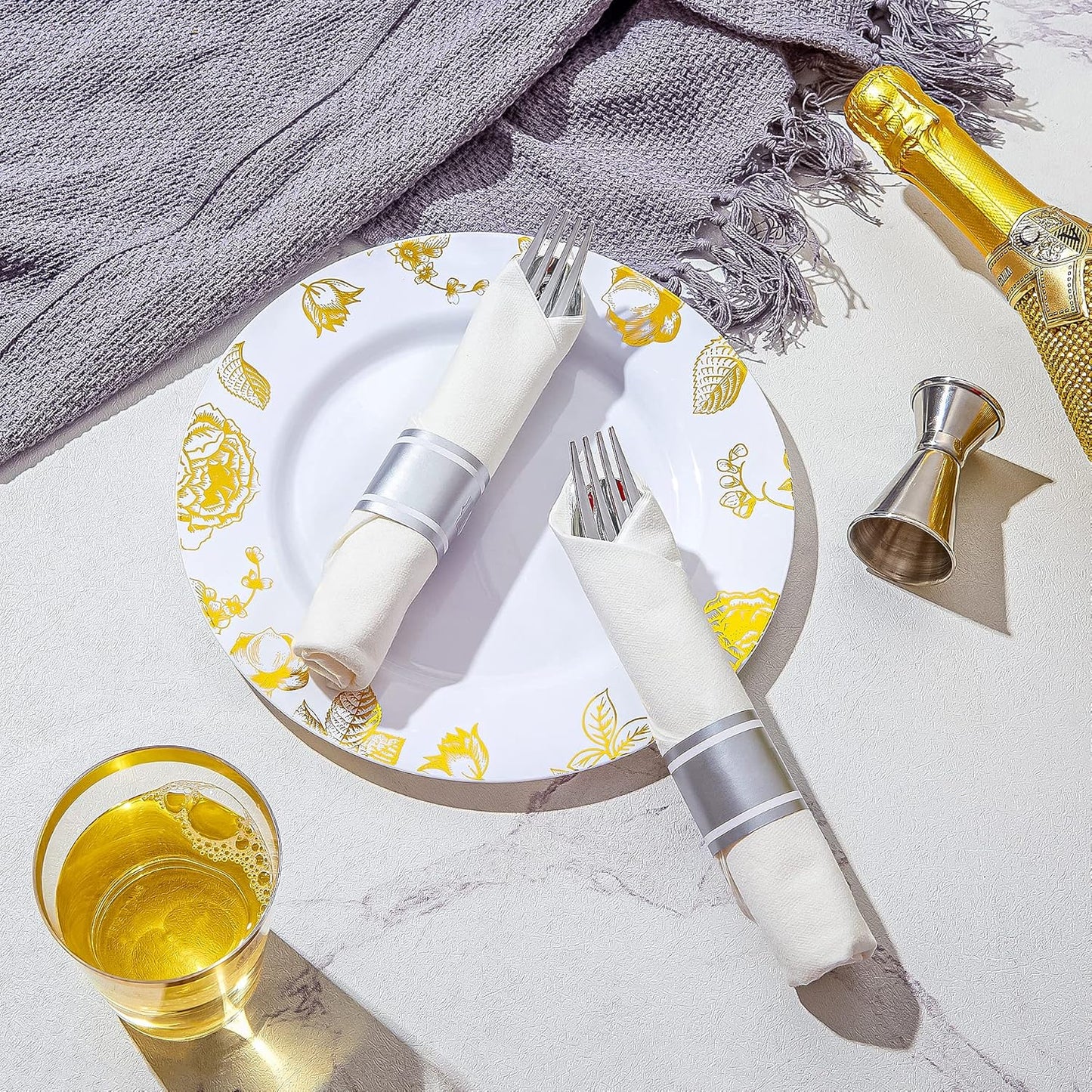 N9R 30 Pack Pre Rolled Silver Plastic Cutlery Set, Wrapped Plastic Silverware Set with 30 Forks, 30 Knives, 30 Spoons and 30 Napkins, Disposable Cutlery Set for Party and Wedding