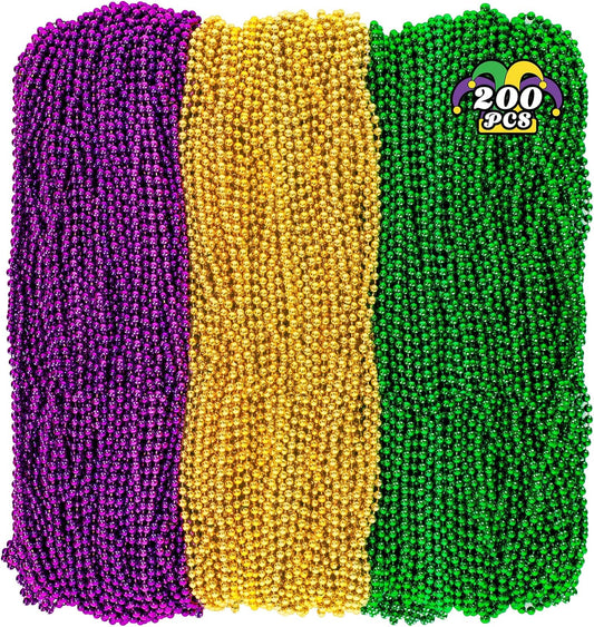 200PCS Mardi Gras Beads, 33" Bead Necklace, Mardi Gras Accessories, Purple Gold Green Party Beads Parade Throws Bulk for Christmas Pirate Baby Shower Wedding Birthday Party Supplies Decor