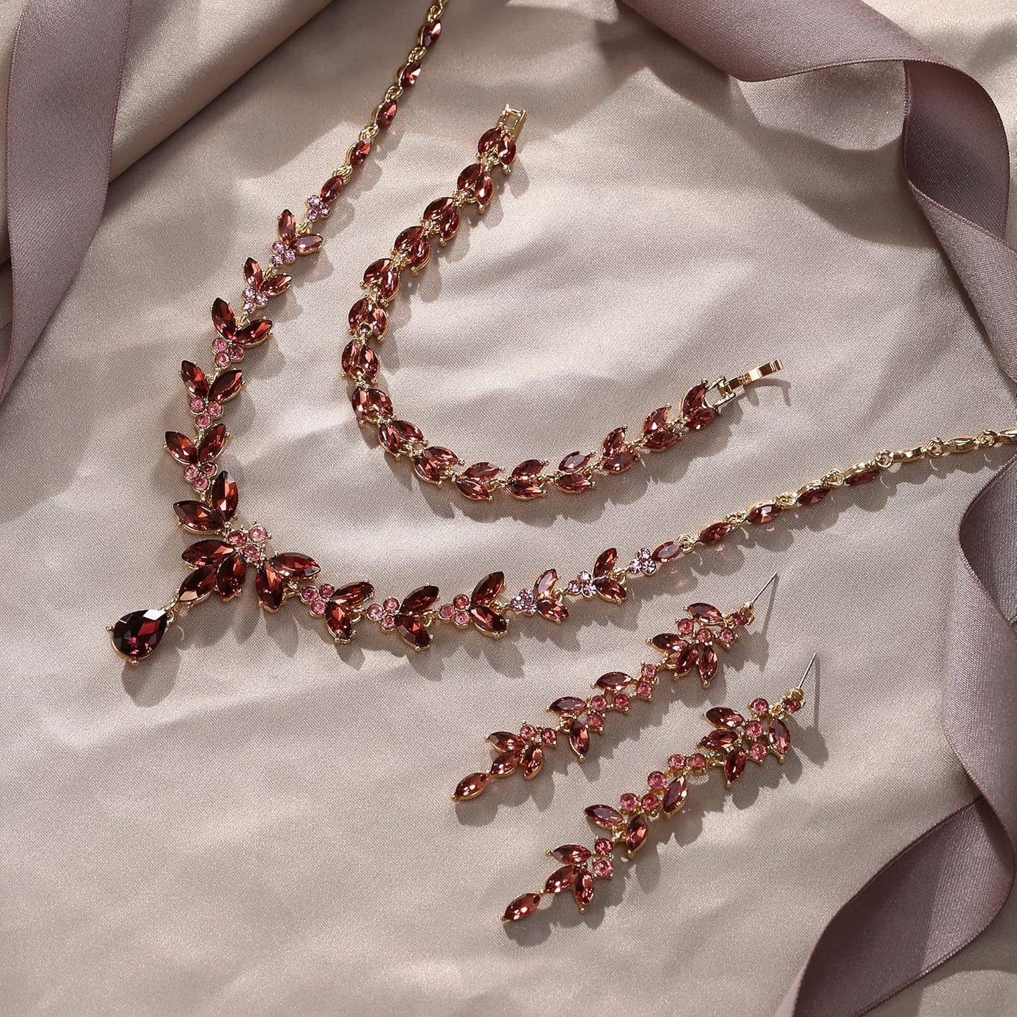 EVER FAITH Austrian Crystal Bridal Bridesmaid Jewelry Sets, Elegant Marquise Rhinestone Leaf Necklace Dangle Earrings Tennis Bracelet Set for Women