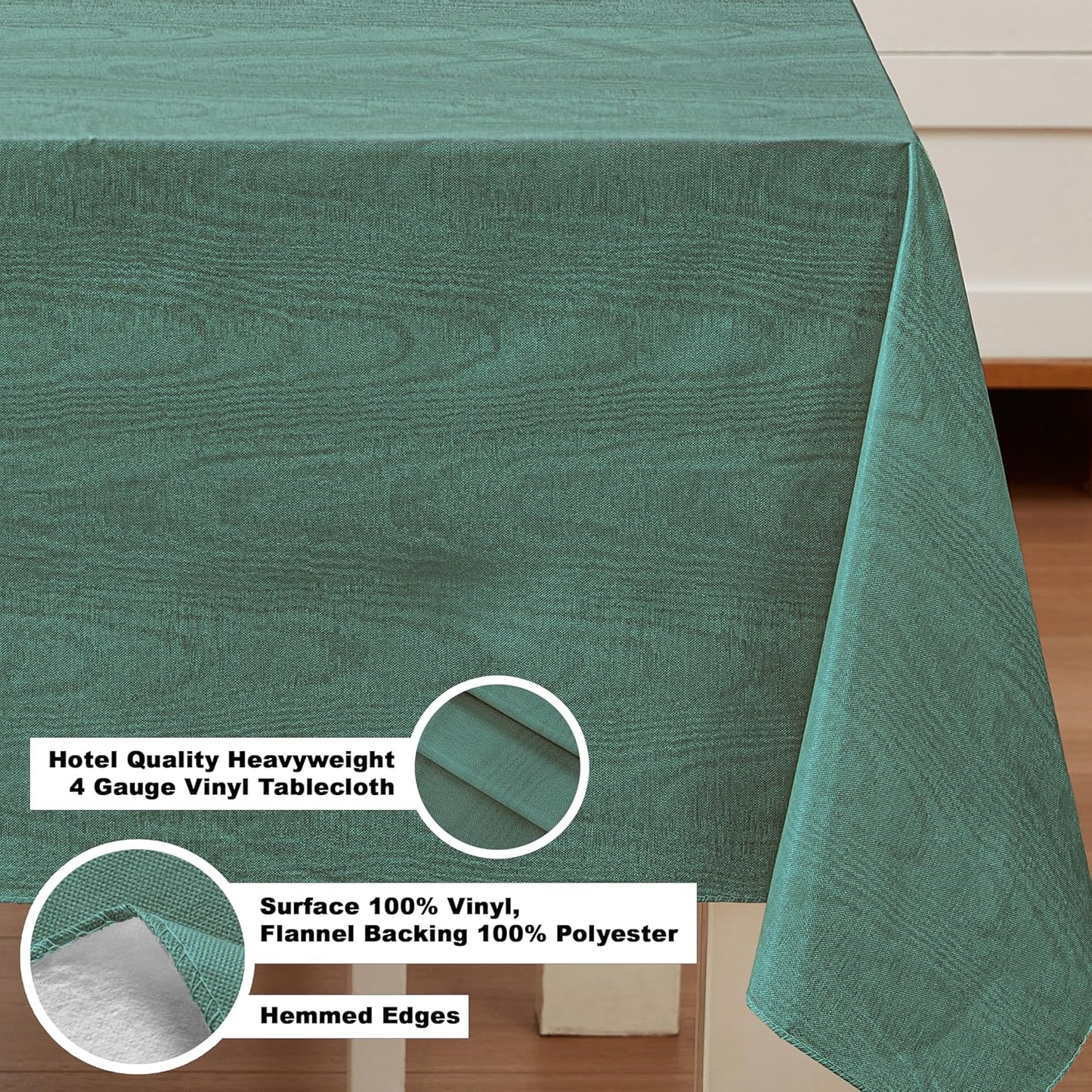 Newbridge Vinyl Flannel Backed Tablecloth, 60 x 84 Inch Rectangle, Hunter Green Moire Wavy Solid Design, Heavyweight Indoor Outdoor Waterproof Table Cover, Easy Care Wipe Clean