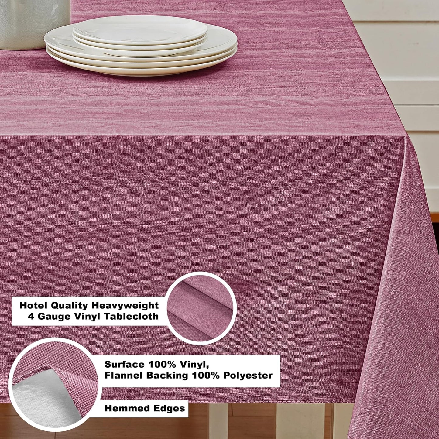 Newbridge Vinyl Flannel Backed Tablecloth, 60 x 102 Inch Rectangle, Burgundy Moire Wavy Solid Design, Heavyweight Indoor Outdoor Waterproof Table Cover, Easy Care Wipe Clean
