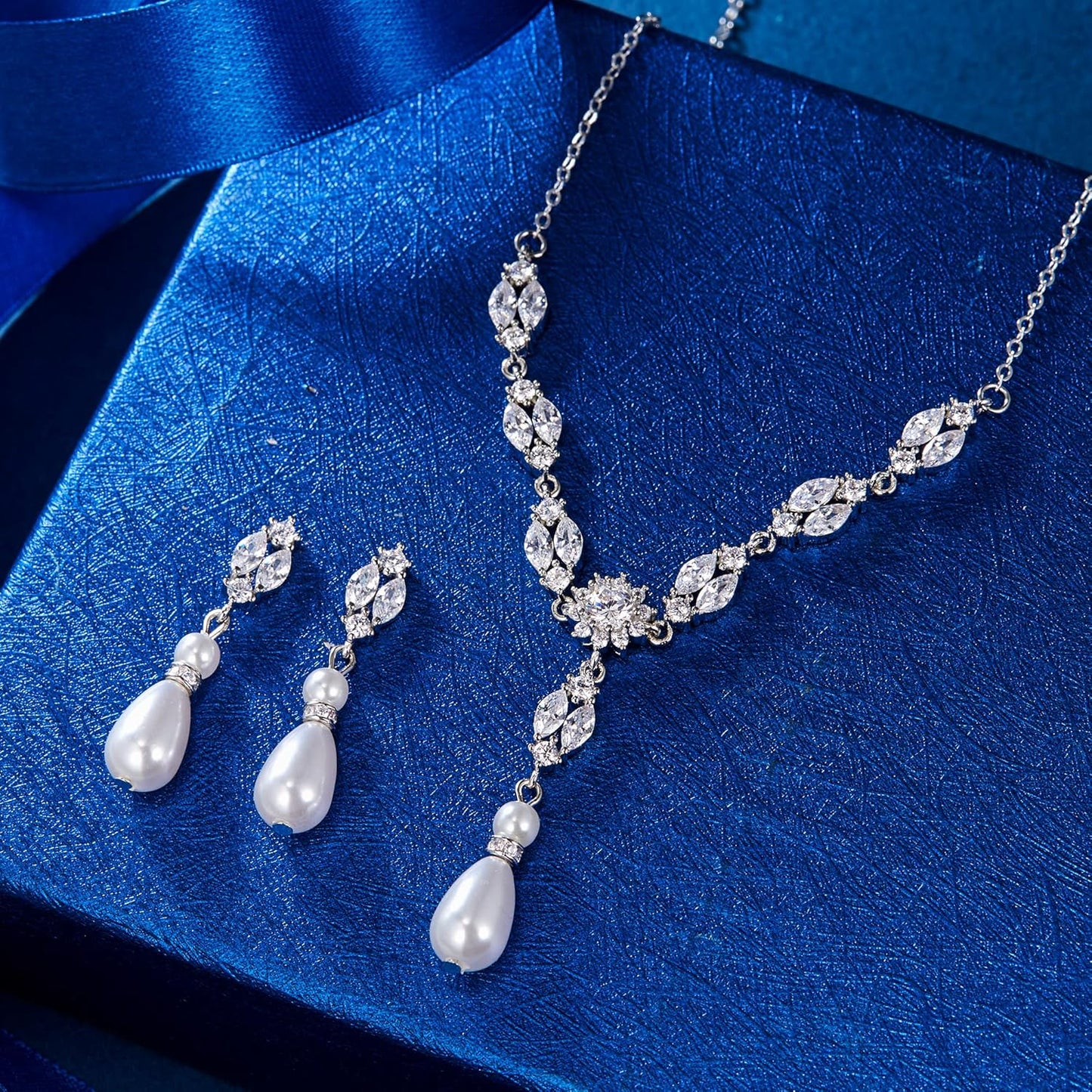 EleQueen Women's Simulated Pearl Wedding Jewelry Set, Cubic Zirconia Marquise Floral Bridal Necklace Earrings Bracelet Sets