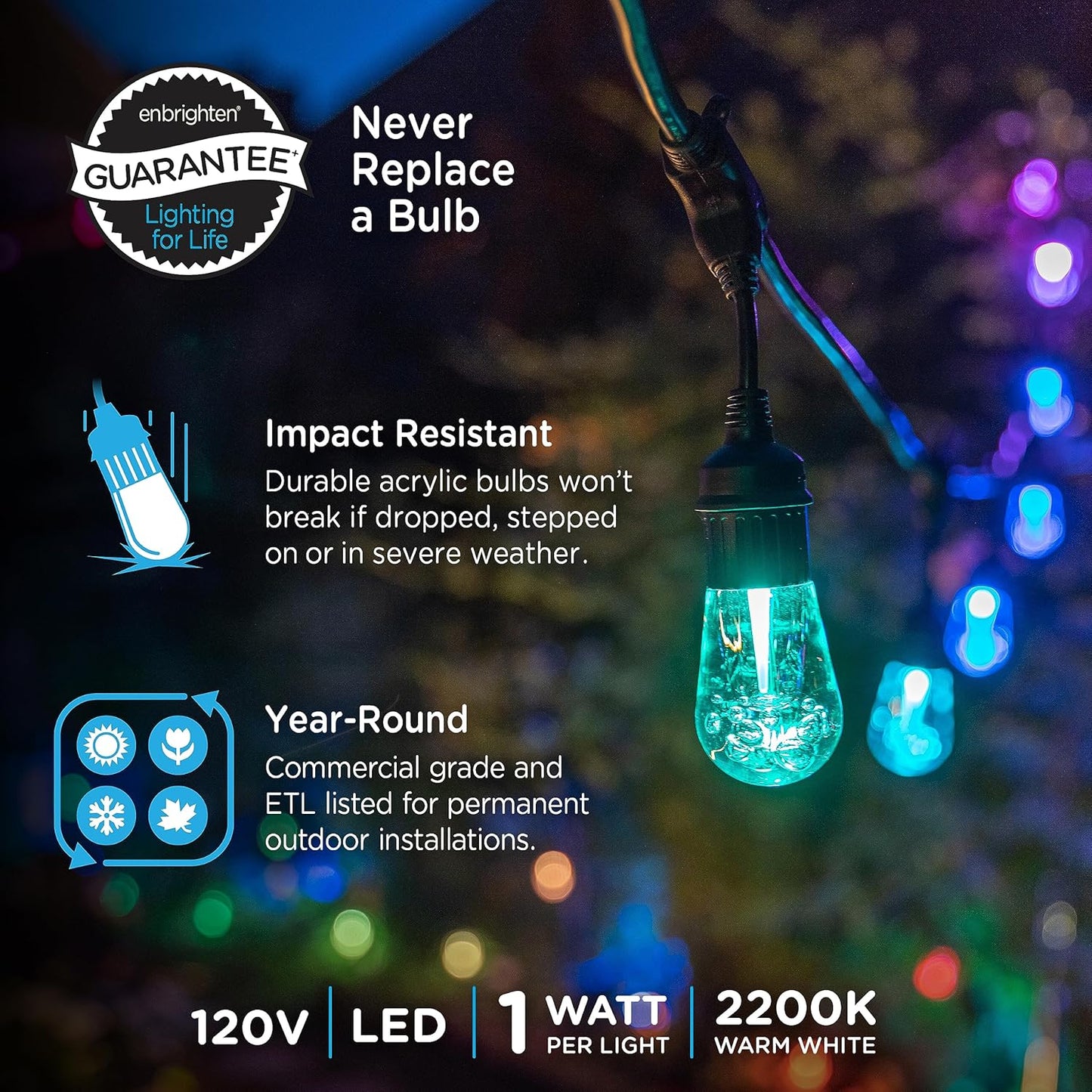 Enbrighten Vintage Outdoor String Lights, 48ft, 24 RGB Acrylic Bulbs, Weatherproof, RF Remote Control, Perfect for Holidays, Gameday, Parties, and More, 37790