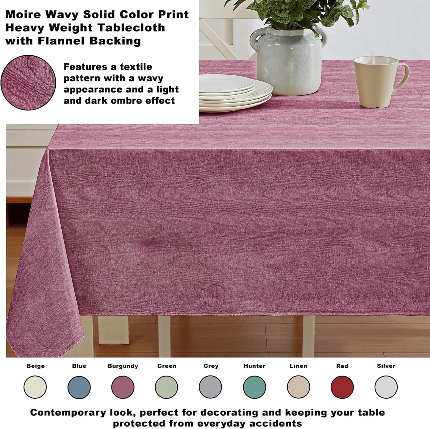 Newbridge Vinyl Flannel Backed Tablecloth, 60 x 84 Inch Rectangle, Burgundy Moire Wavy Solid Design, Heavyweight Indoor Outdoor Waterproof Table Cover, Easy Care Wipe Clean