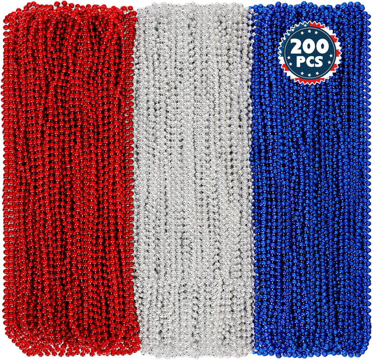 200 PCS Beads Necklace, 33" Metallic Patriotic Necklace, Red Blue Silver Fourth of July Beads Accessories Party Supplies for Adult Kids 4th of July Independence Day Memorial Day Veterans Day