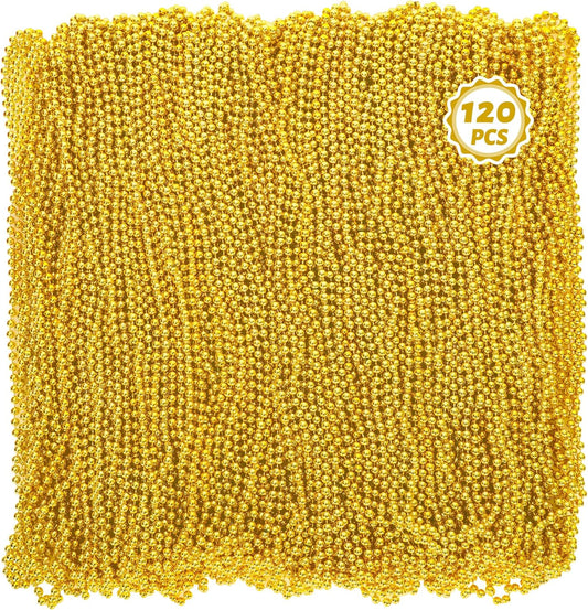 120PCS Bead Necklace, Gold Mardi Gras Beads, 33 IN Party Beads Accessories, Mardi Gras Decorations Parade Throws Bulk for Pirate Wedding Birthday Christmas Party Favors Supplies