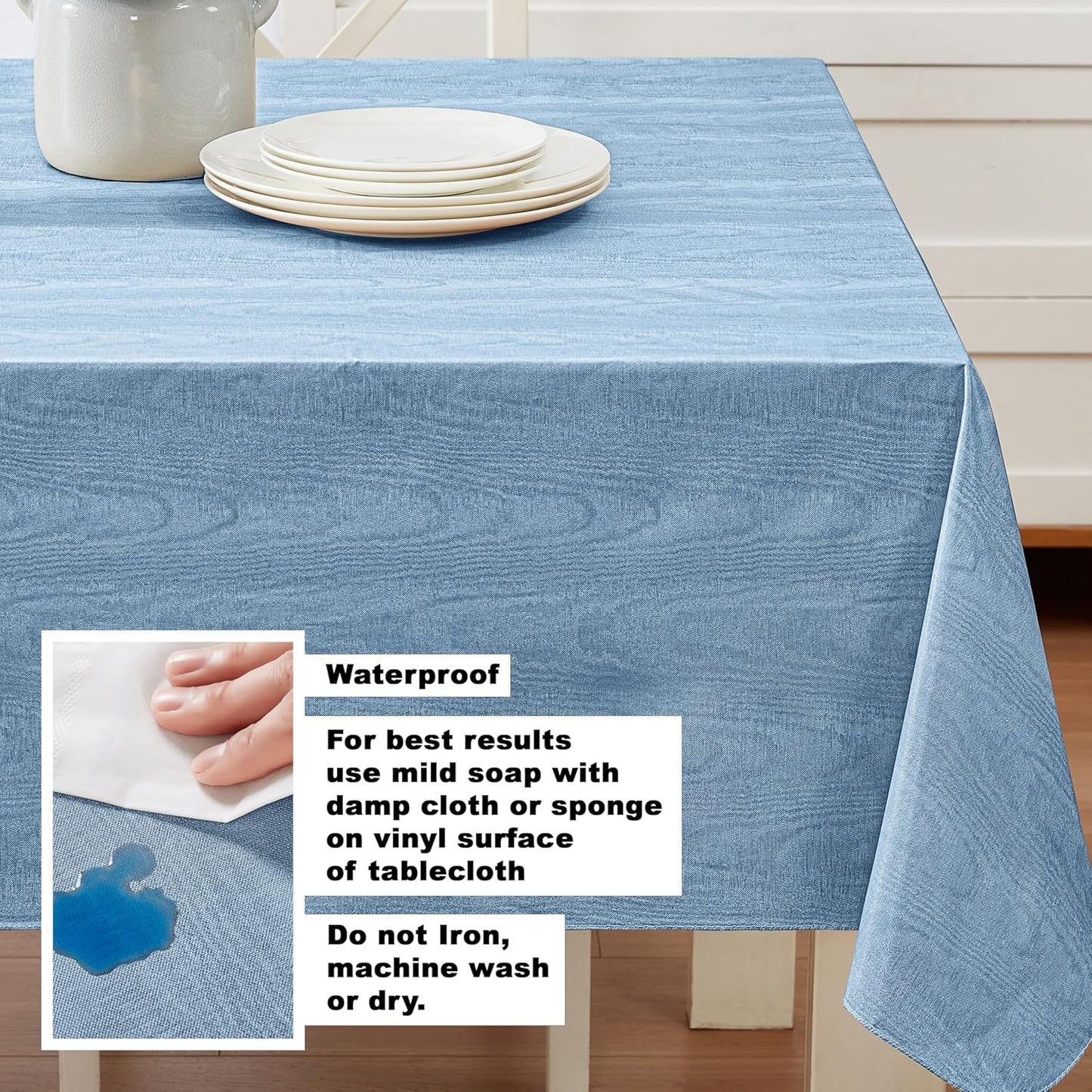Newbridge Vinyl Flannel Backed Tablecloth, 60 x 102 Inch Rectangle, Blue Moire Wavy Solid Design, Heavyweight Indoor Outdoor Waterproof Table Cover, Easy Care Wipe Clean