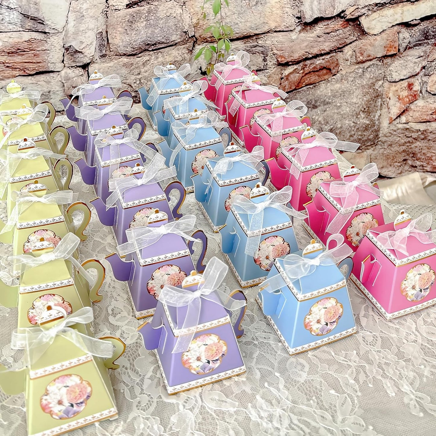 Kate Aspen Vintage Floral Tea Pot Shaped Party Favor Boxes (Set of 24 Assorted Colors) - Weddings Favors, Bridal Showers Brunches, Baby Candy Boxes, Birthday Decorations