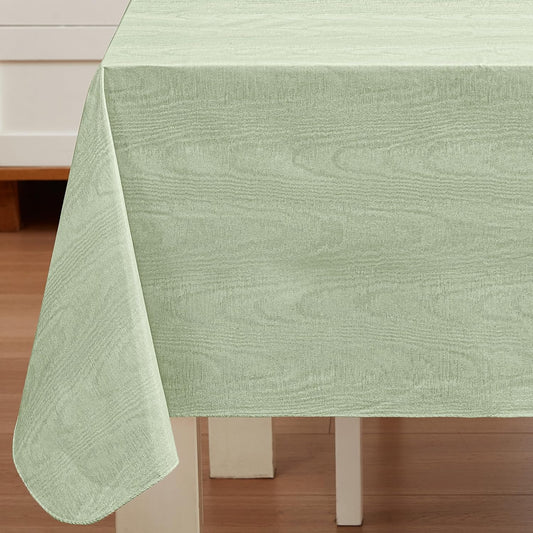 Newbridge Vinyl Flannel Backed Tablecloth, 60 x 102 Inch Rectangle, Sage Green Moire Wavy Solid Design, Heavyweight Indoor Outdoor Waterproof Table Cover, Easy Care Wipe Clean