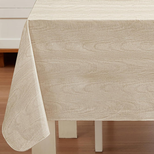 Newbridge Vinyl Flannel Backed Tablecloth, 52 x 70 Inch Rectangle, Taupe Moire Wavy Solid Design, Heavyweight Indoor Outdoor Waterproof Table Cover, Easy Care Wipe Clean