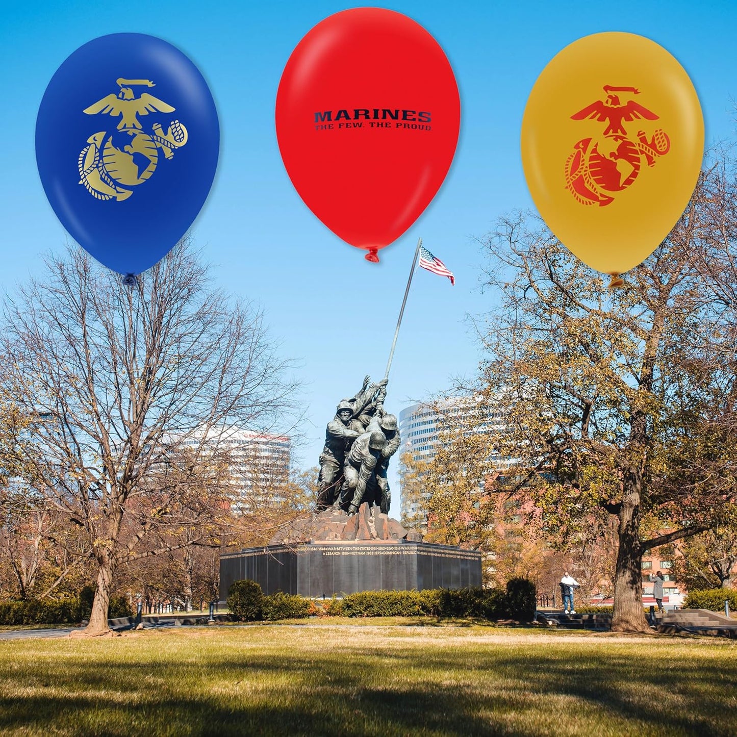 U.S. Marines Party Balloons (10pcs) 12” Latex Balloons in Red, Gold, and Blue with contrasting print on 2 sides. Officially Licensed by the U.S.Marines - Made in Italy - by Havercamp.