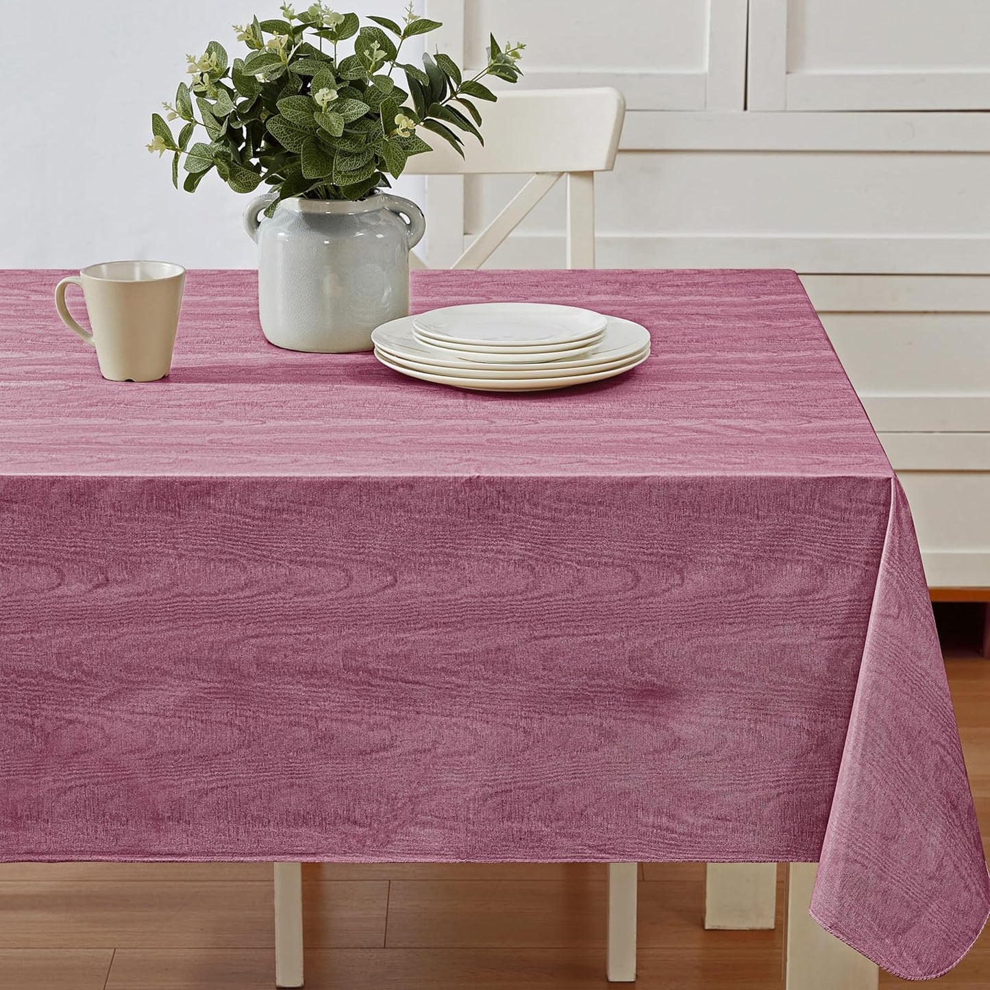 Newbridge Vinyl Flannel Backed Tablecloth, 60 x 84 Inch Rectangle, Burgundy Moire Wavy Solid Design, Heavyweight Indoor Outdoor Waterproof Table Cover, Easy Care Wipe Clean
