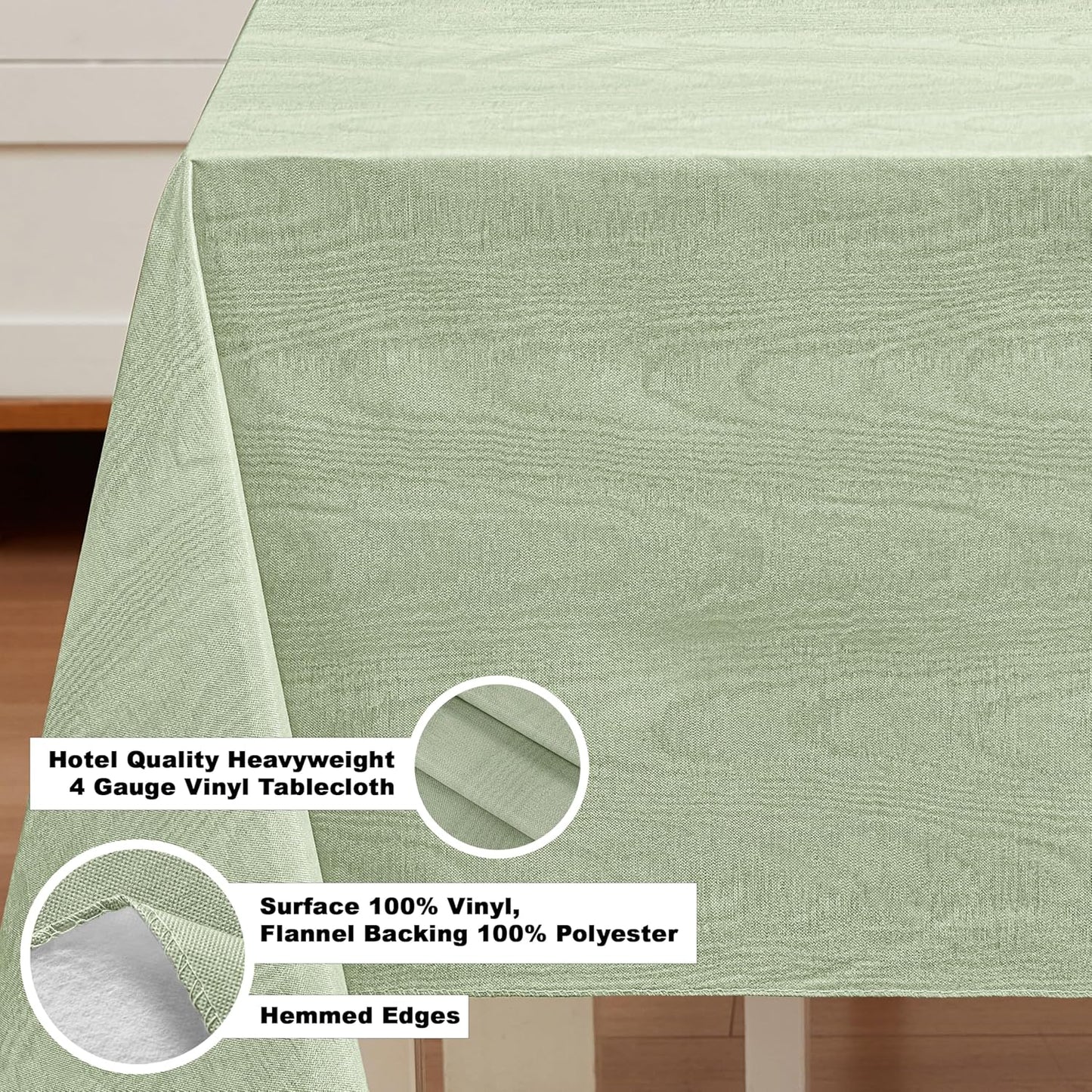 Newbridge Vinyl Flannel Backed Tablecloth, 52 x 70 Inch Rectangle, Sage Green Moire Wavy Solid Design, Heavyweight Indoor Outdoor Waterproof Table Cover, Easy Care Wipe Clean