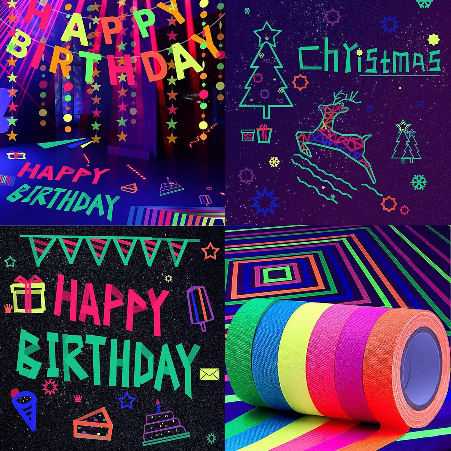 6 Colors Neon Gaffer Cloth Tape,Adhesive Black Light Tape Sets,Fluorescent UV Blacklight Glow in The Dark Tape for UV Party (0.6 inch x 16.5 feet x 6 Rolls)