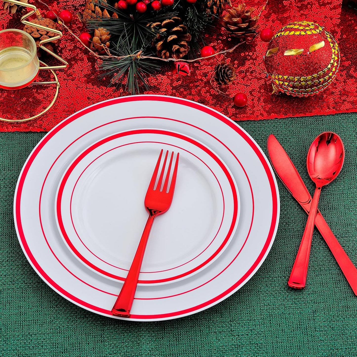 300 PCS Red Dinnerware Set for 50 Guests,Red Rimmed Heavy Duty Plastic Disposable Plates for Party Wedding-50 Dinner Plates,Dessert Plates,Spoons,Forks,Knives,Cups