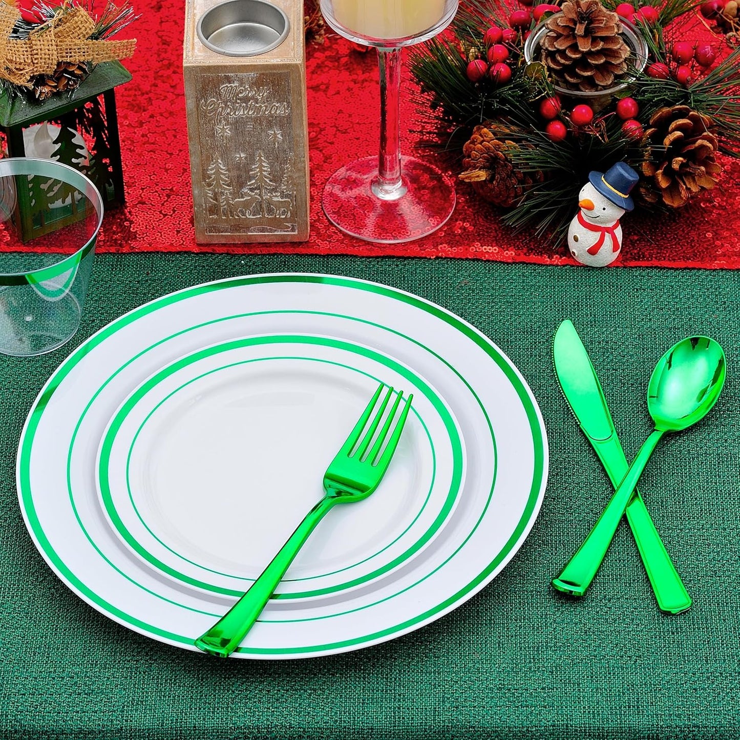 300 PCS Green Plastic Dinnerware Set for 50 Guests,Green Rimmed Heavy Duty Plastic Disposable Plates for Party Wedding-50 Dinner Plates,50 Dessert Plates,50 Silverware Set,50 Cups