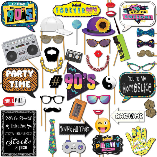 90s Photo Booth Props - 41-pc 90 s Selfie Prop Kit with 8 x 10-Inch Sign, 60 Adhesive Pads, 45 Sticks - 90 s Party Decorations - 90s Birthday Party